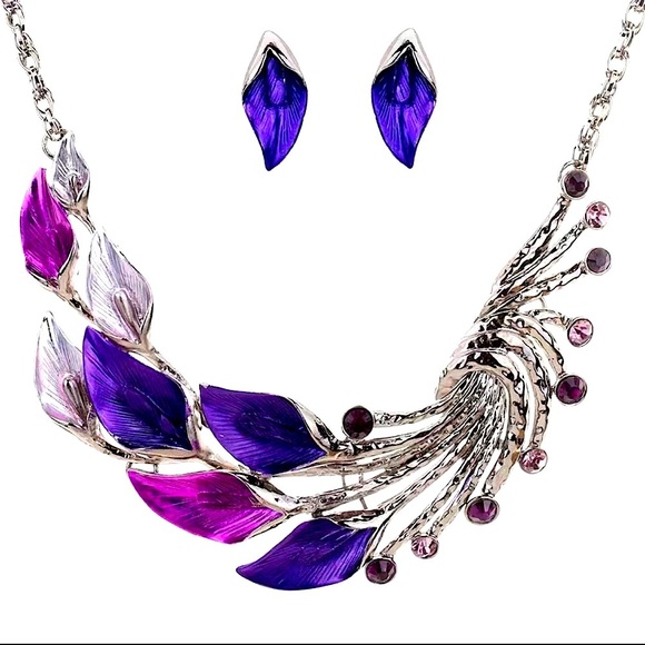 PURPLE and blue leaf necklace and earrings with silver accent NIP - Picture 1 of 4